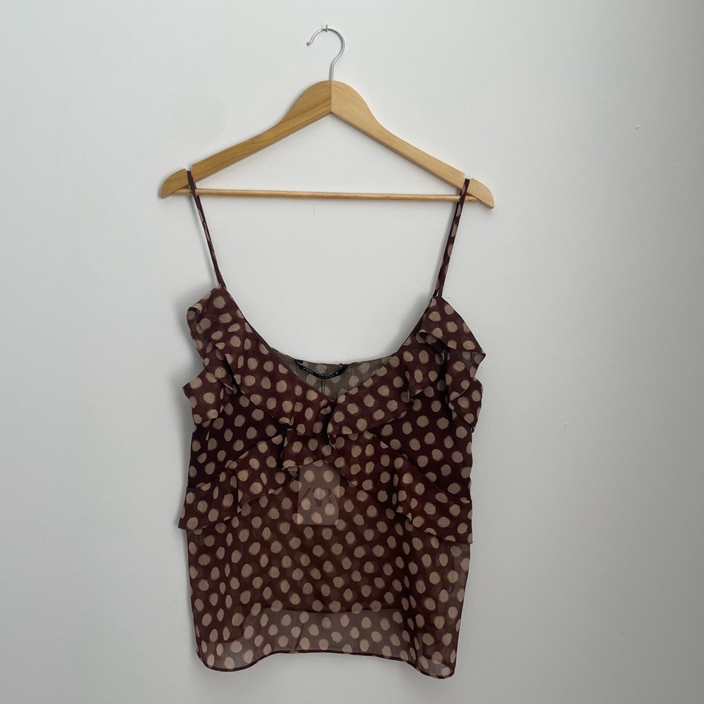 Zara - Flowy Polka Dot Print Ruffle Cami Tank Top Size XL Brown and Cream - Picture 5 of 12